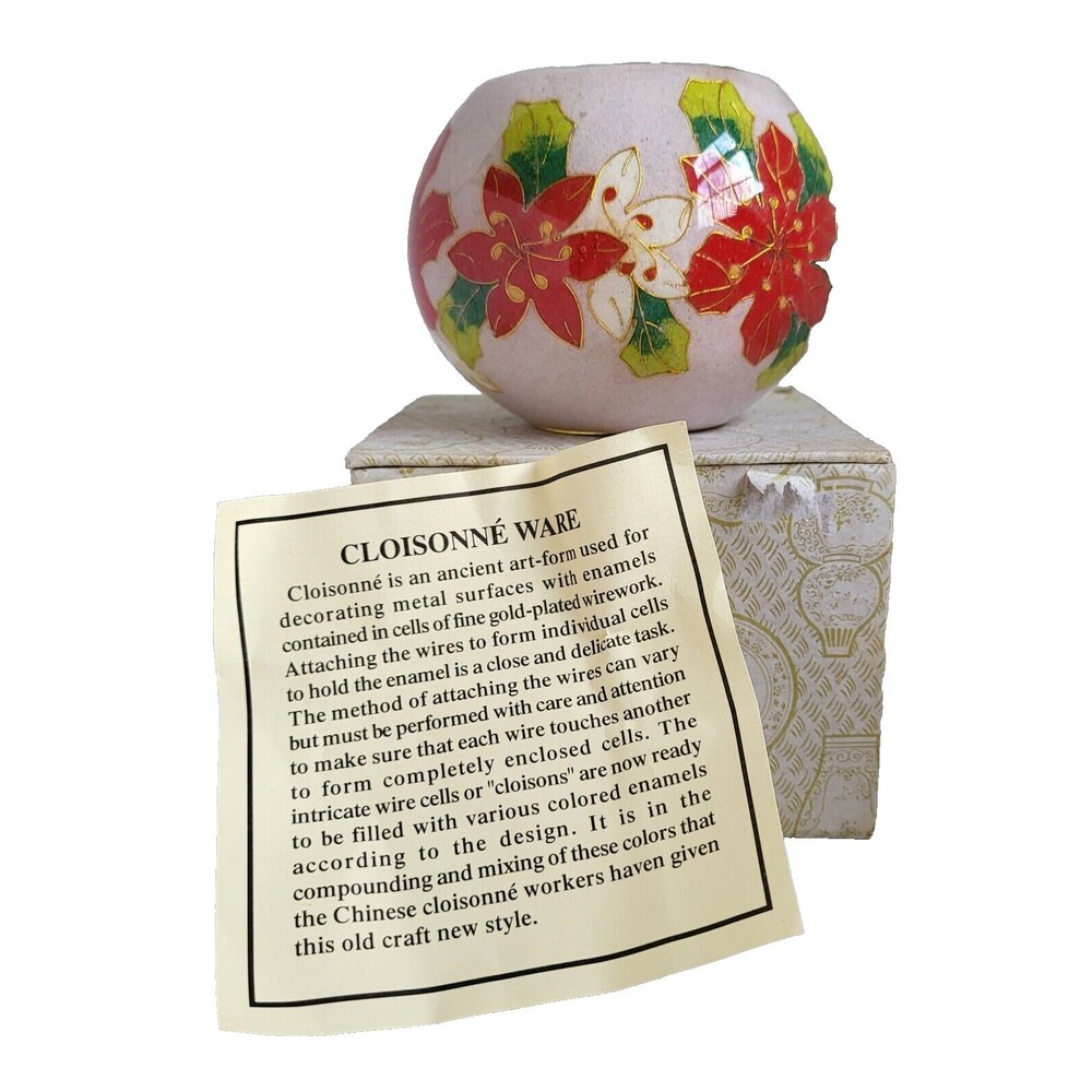 Vintage Chinese Cloisonne Ware Pot Bowl 3.5" Poinsettia Christmas Candle Holder